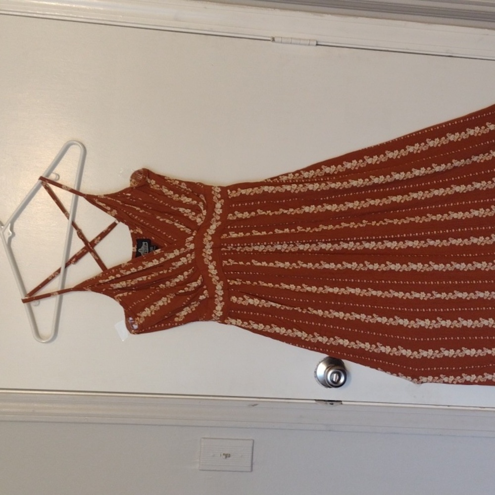 Angie Rust Orange Brown White Floral Bohemian Maxi Dress Size Medium